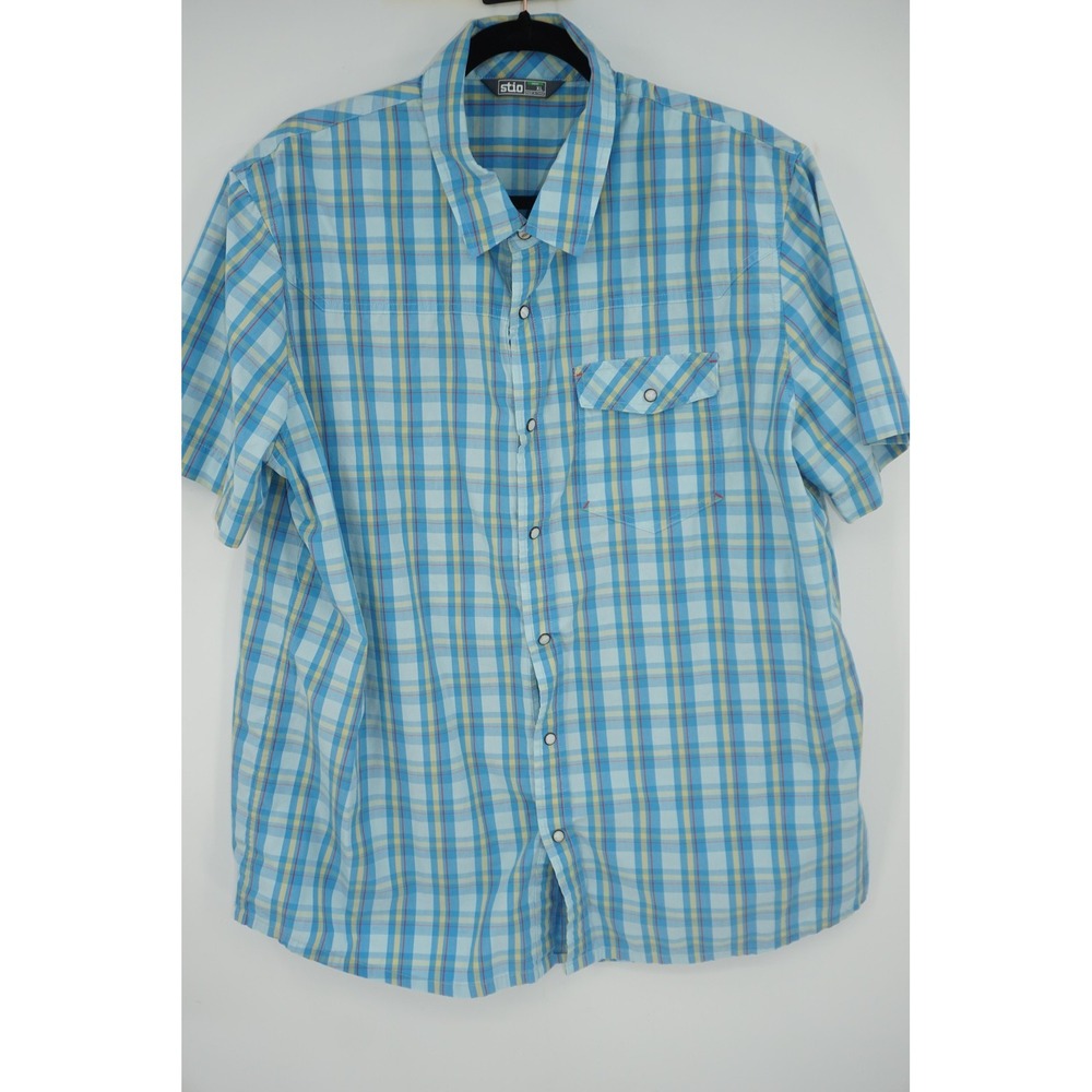 Stio Short Sleeve Shirt Pearl Snap Blue Plaid Lightweight Casual Men's XL
